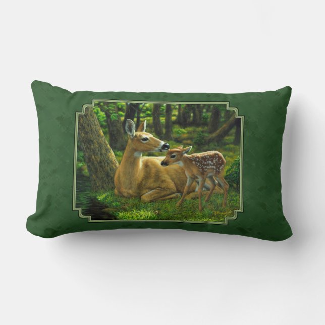Mother Deer and Fawn Forest Green Lumbar Pillow (Front)