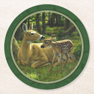 Mother Deer and Fawn Forest Green Round Paper Coaster