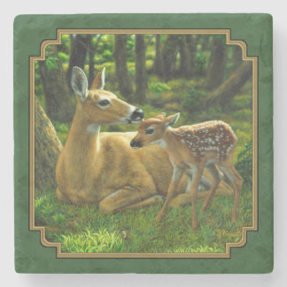 Mother Deer and Fawn Forest Green Stone Coaster