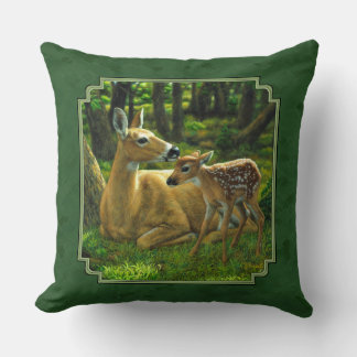 Mother Deer and Fawn Forest Green Throw Pillow
