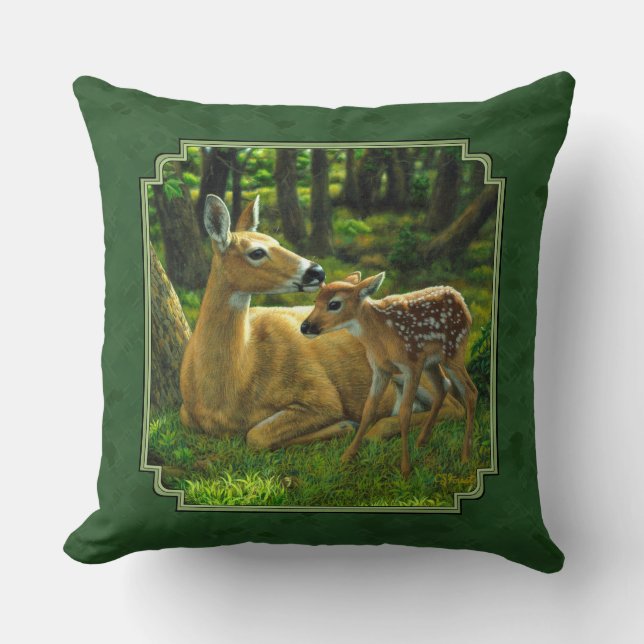 Mother Deer and Fawn Forest Green Throw Pillow (Front)