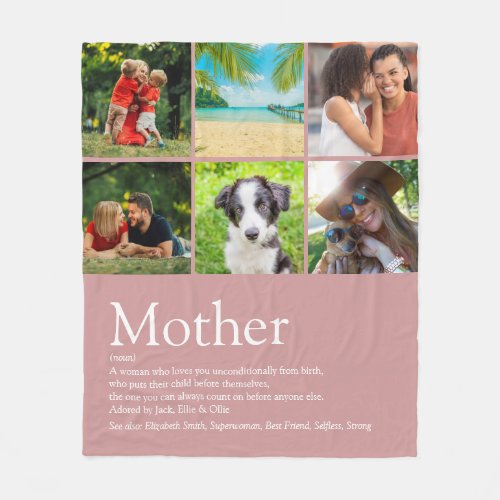 Mother Definition 6 Photo Collage Dusty Rose Pink Fleece Blanket