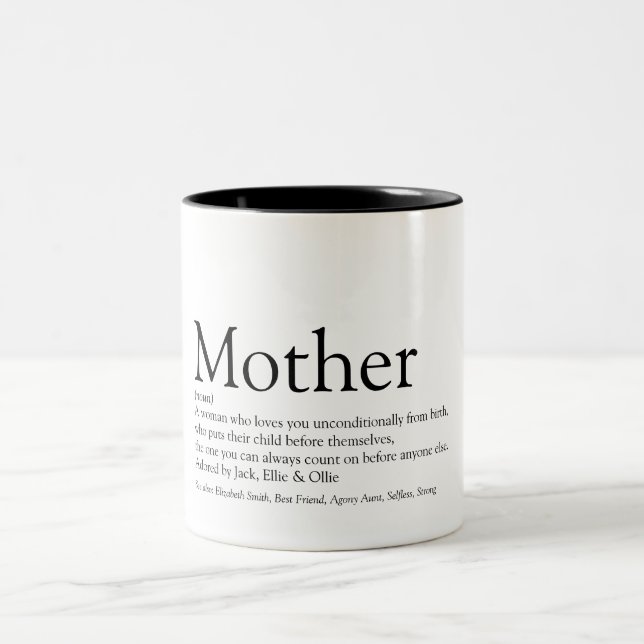 Mother Definition Quote Fun Black and White Two-Tone Coffee Mug (Center)