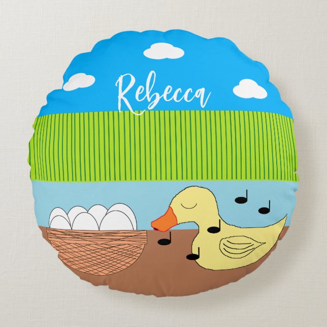 Mother Duck Singing to Her Eggs: Round Pillow (Front)
