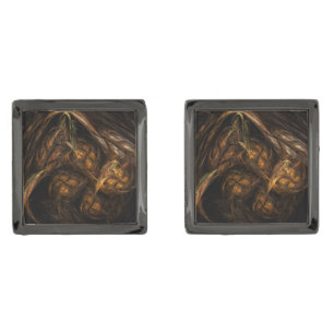 Mother Earth Modern Abstract Art Golden Fractal Gunmetal Finish Cufflinks