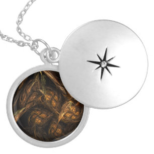 Mother Earth Modern Abstract Art Golden Fractal Locket Necklace