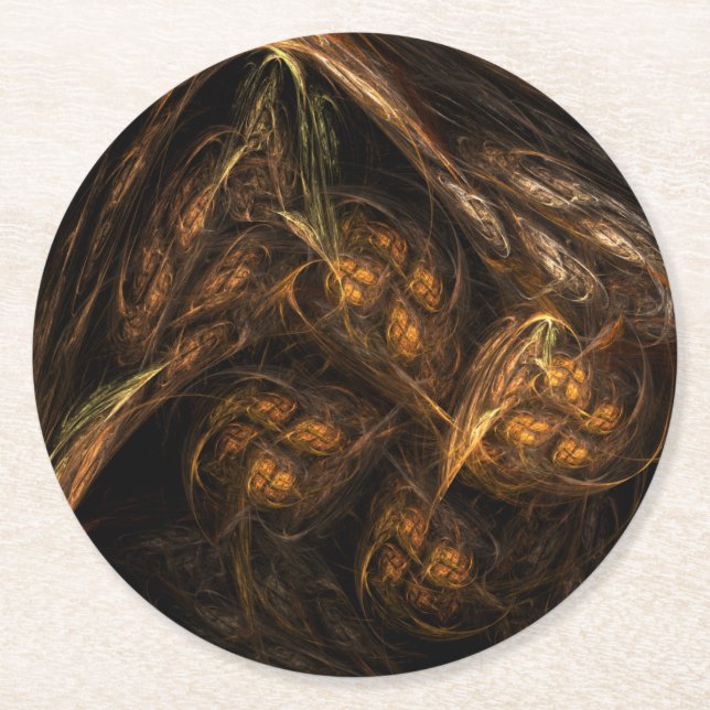 Mother Earth Modern Abstract Art Golden Fractal Round Paper Coaster (Front)