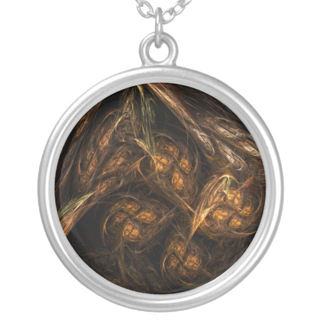 Mother Earth Modern Abstract Art Golden Fractal Silver Plated Necklace (Front)