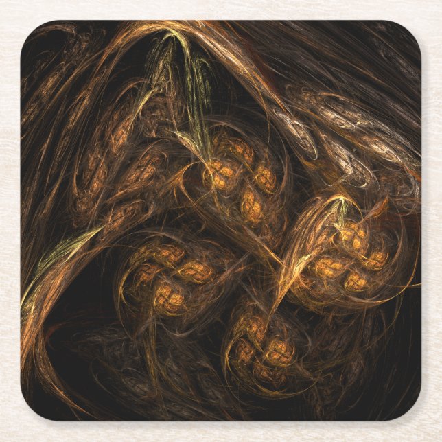 Mother Earth Modern Abstract Art Golden Fractal Square Paper Coaster (Front)