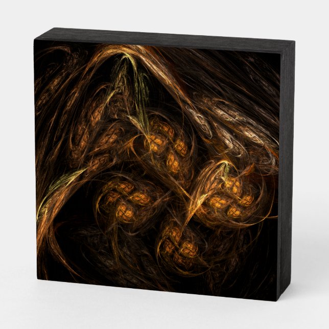 Mother Earth Modern Abstract Art Golden Fractal Wooden Box Sign (Angled Horizontal)