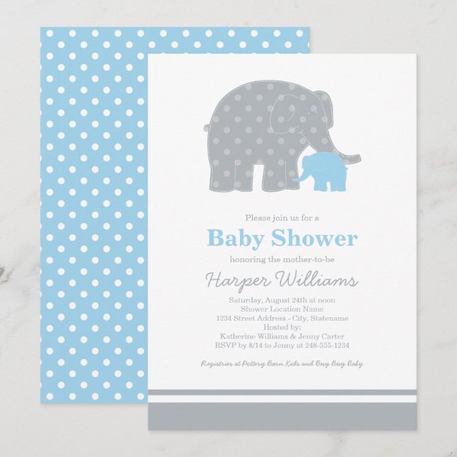 Mother Elephant Blue Gray Dots Baby Shower Invitation (Front/Back)