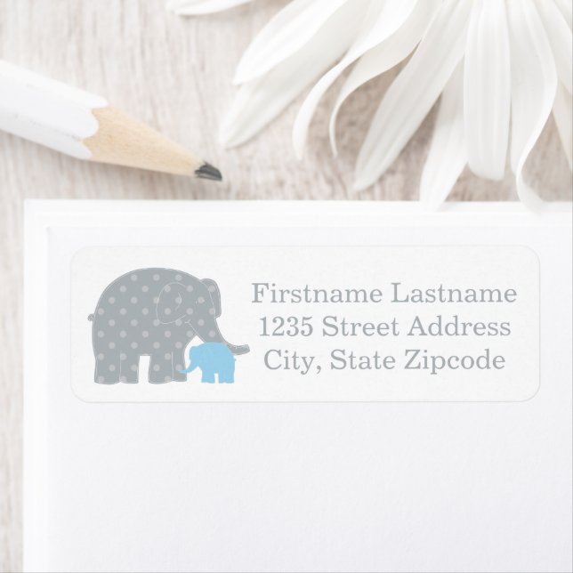 Mother Elephant Blue Gray Dots Baby Shower Label (Insitu)