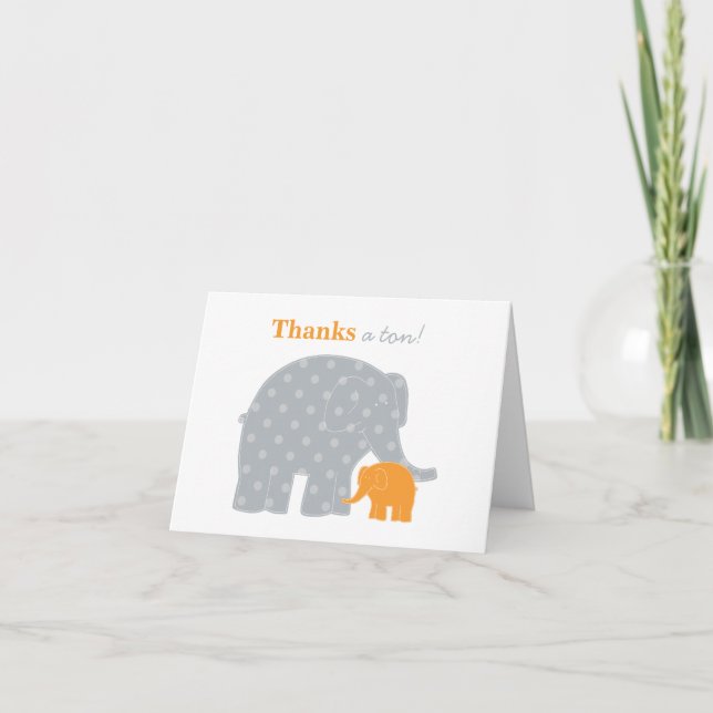 Mother Elephant Orange Gray Dots Baby Shower Thank You Card (Front)