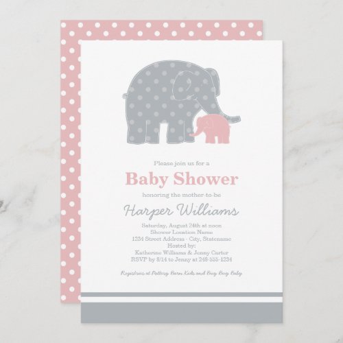 Mother Elephant Pink Gray Dots Baby Shower Invitation