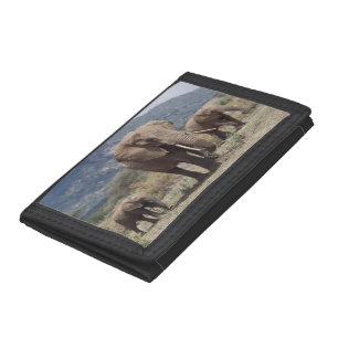 Mother elephant walking with elephant calf tri-fold wallet