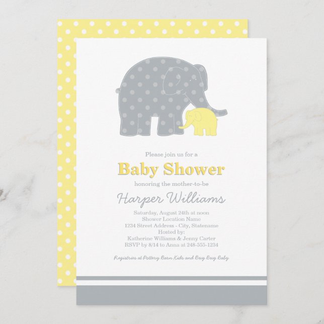 Mother Elephant Yellow Gray Dots Baby Shower Invitation (Front/Back)
