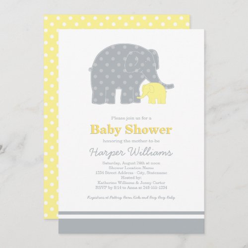 Mother Elephant Yellow Gray Dots Baby Shower Invitation