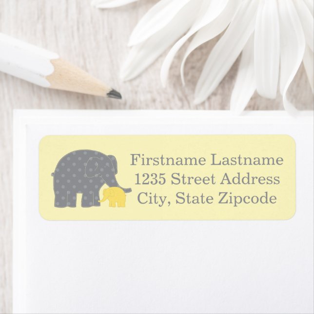 Mother Elephant Yellow Gray Dots Baby Shower Label (Insitu)