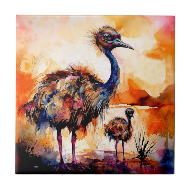 Mother Emu and Chick in Outback Australia  Ceramic Tile (Front)