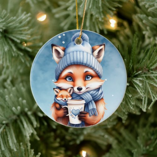 Mother Fox and Baby in Blue Hat and Scarf Coffee  Ceramic Ornament