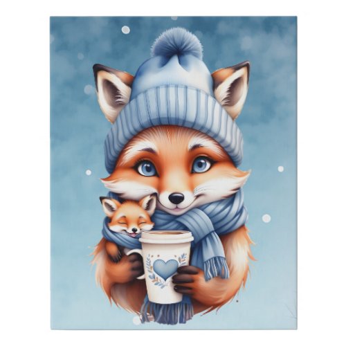 Mother Fox and Baby in Blue Hat and Scarf Coffee  Faux Canvas Print
