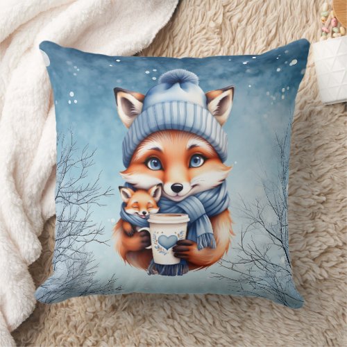 Mother Fox and Baby in Blue Hat and Scarf Coffee  Throw Pillow