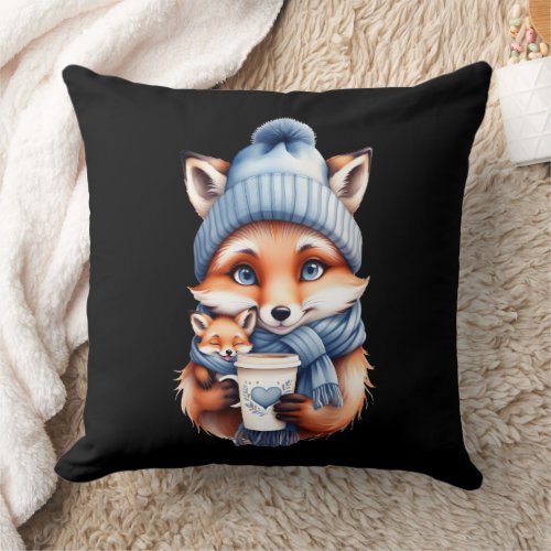 Mother Fox and Baby in Blue Hat and Scarf Coffee  Throw Pillow