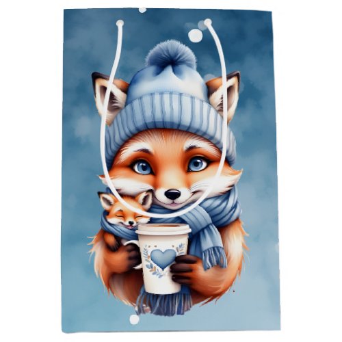 Mother Fox and Baby in Blue Hat and Scarf Holiday Medium Gift Bag
