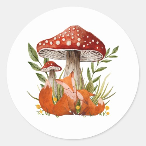 Mother Fox and Her Baby under Big Mushrooms Classic Round Sticker