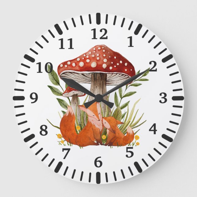 Mother Fox and Her Baby under Big Mushrooms Large Clock (Front)