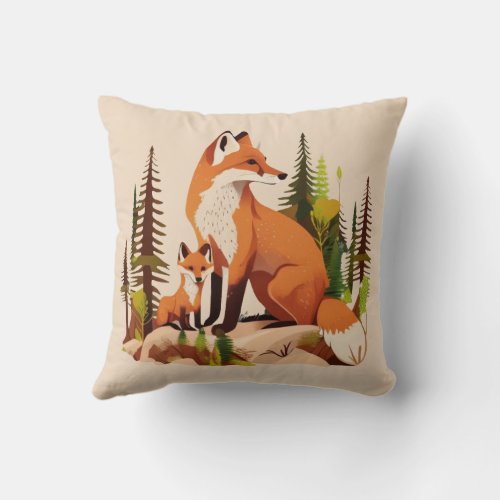 Mother Fox and kit Throw Pillow