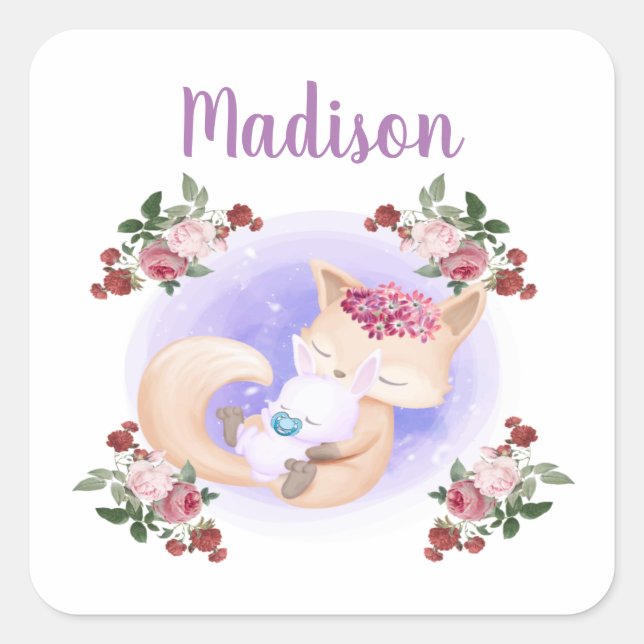 Mother Fox Hug Baby Bunny Rabbit Square Sticker (Front)