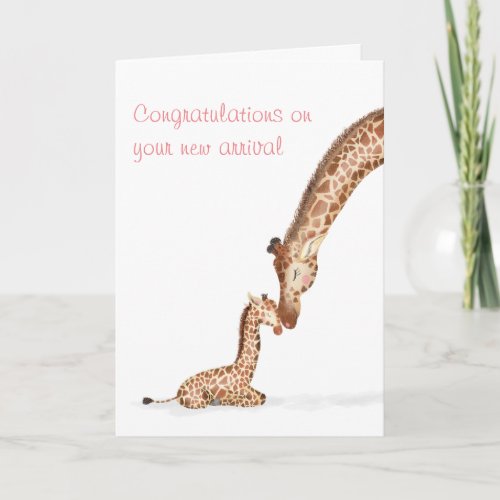 Mother giraffe and calf new baby card pink