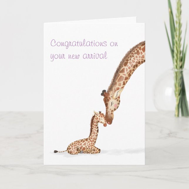 Mother giraffe and calf new baby card (purple) (Front)