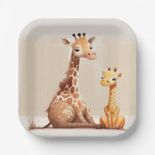 Mother Giraffe With Baby In Watercolor Paper Plates