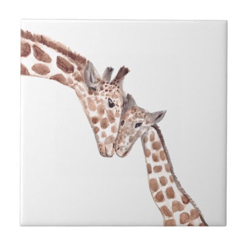Mother giraffe with baby watercolor animals cute ceramic tile