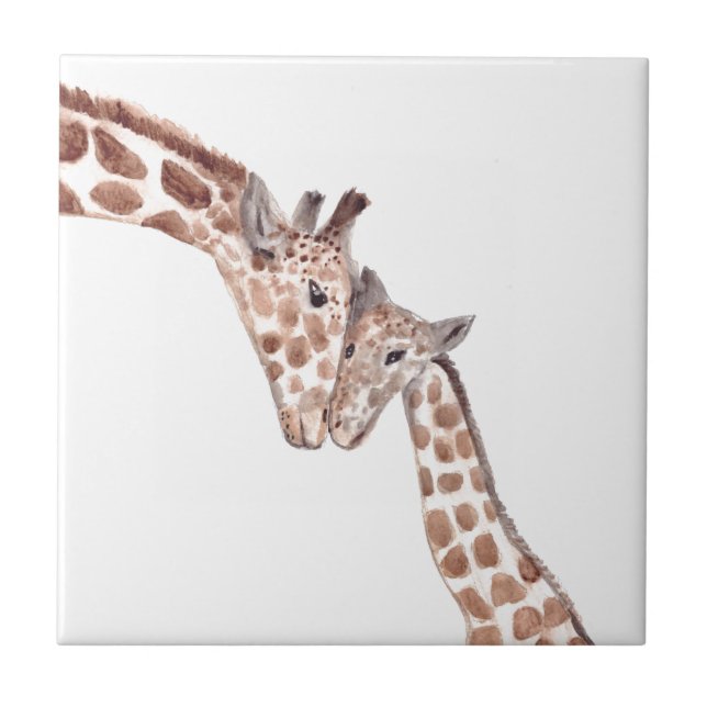 Mother giraffe with baby watercolor animals cute ceramic tile (Front)