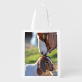 Mother goat kissing her baby on head. market totes