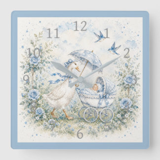 Mother Goose Blue Rose Standards Baby Shower Square Wall Clock