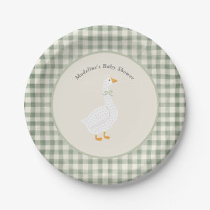 Mother Goose Sage Green Gingham Baby Shower Paper Plates