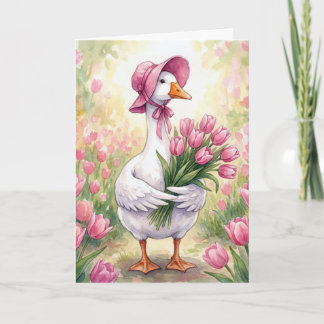 Mother Goose With Pink Tulips Card