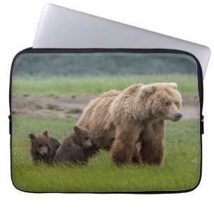 Mother Grizzly Bear with Twin Cubs Laptop Sleeve