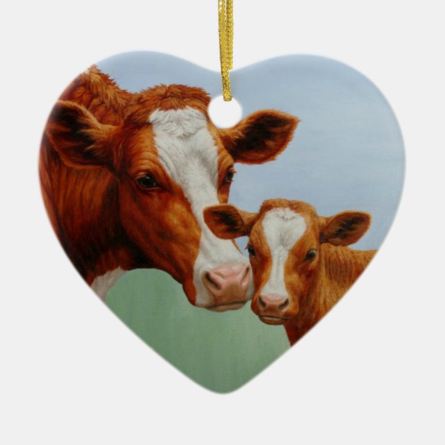 Mother Guernsey Cow and Cute Calf Ceramic Ornament (Front)