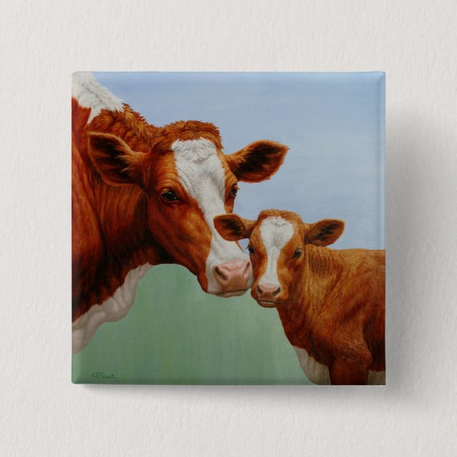 Mother Guernsey Cow and Cute Calf Pinback Button (Front)