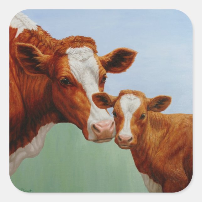 Mother Guernsey Cow and Cute Calf Square Sticker (Front)