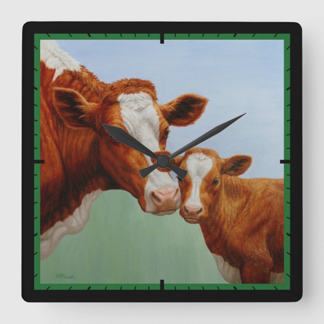Mother Guernsey Cow and Cute Calf Square Wall Clock (Front)