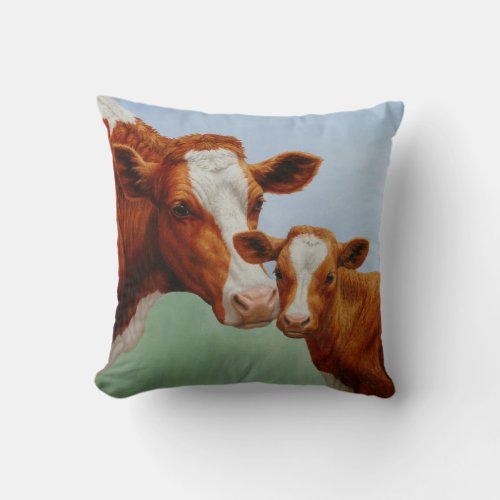 Mother Guernsey Cow and Cute Calf Throw Pillow