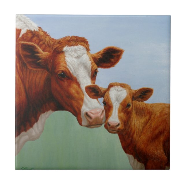 Mother Guernsey Cow and Cute Calf Tile (Front)