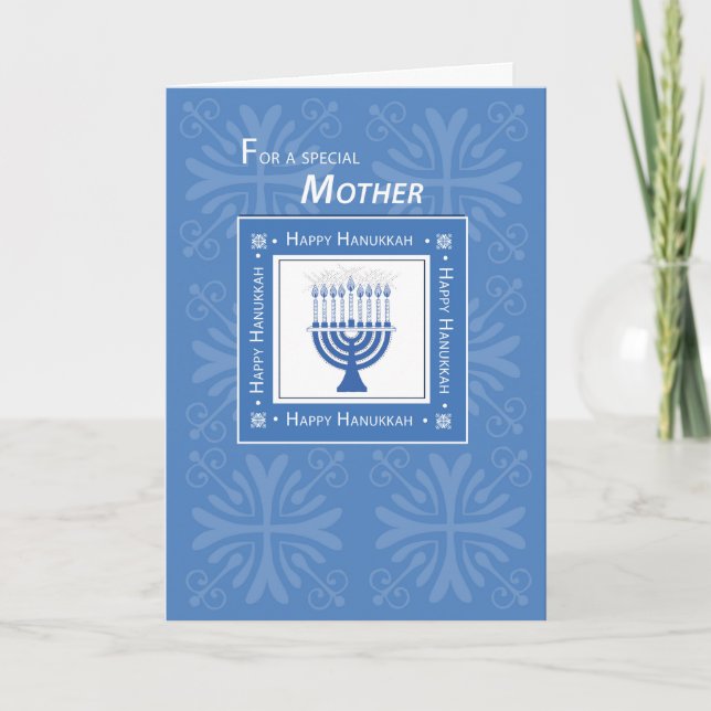 Mother Hanukkah Wishes Blue Menorah Holiday Card (Front)