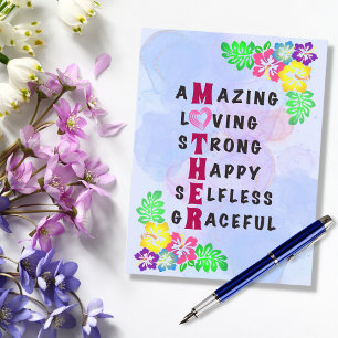 MOTHER, happy, loving, amazing, strong   Holiday Postcard